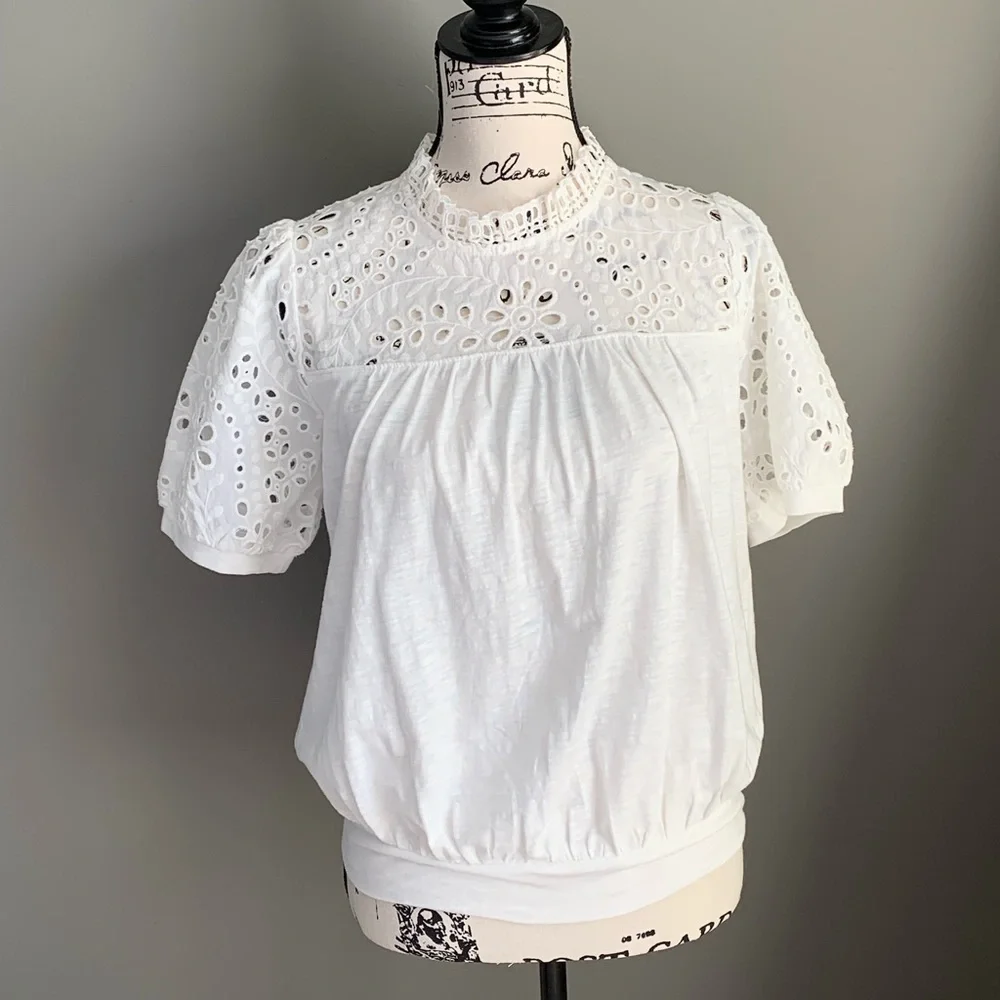 Anthropologie White Eyelet Puff Sleeve Blouse